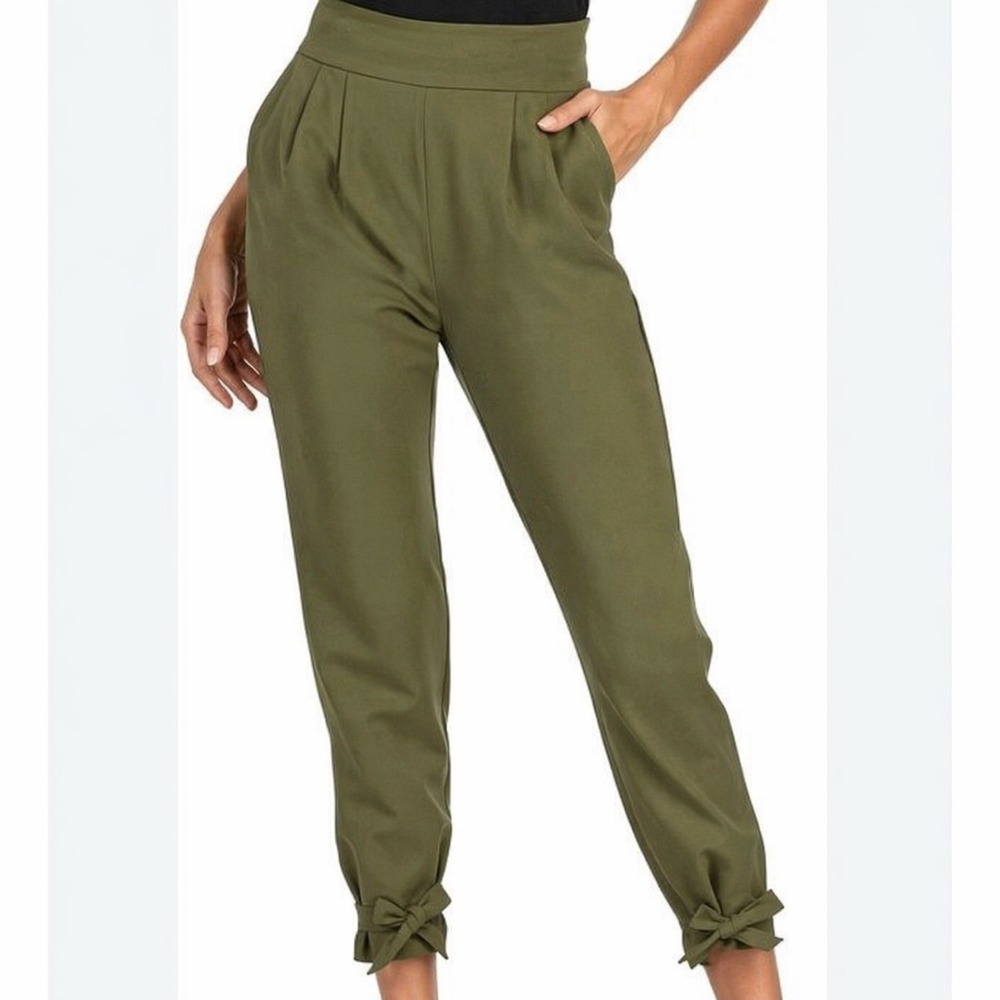 Grace Karin Women's‎ S Olive Green Tapered Ankle Pants High Waist Bow Cuff